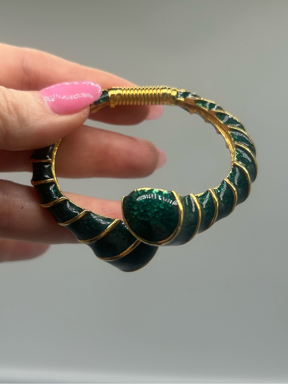 Vintage Kenneth Jay Lane Gold-Tone & Green Enamel Hinged Bangle Bracelet